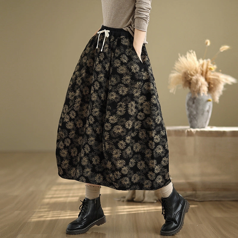 Babakud Women Winter Retro Printed Floral Fleece-Lined A-Line Skirt Unrestricted Fit Irritation Free