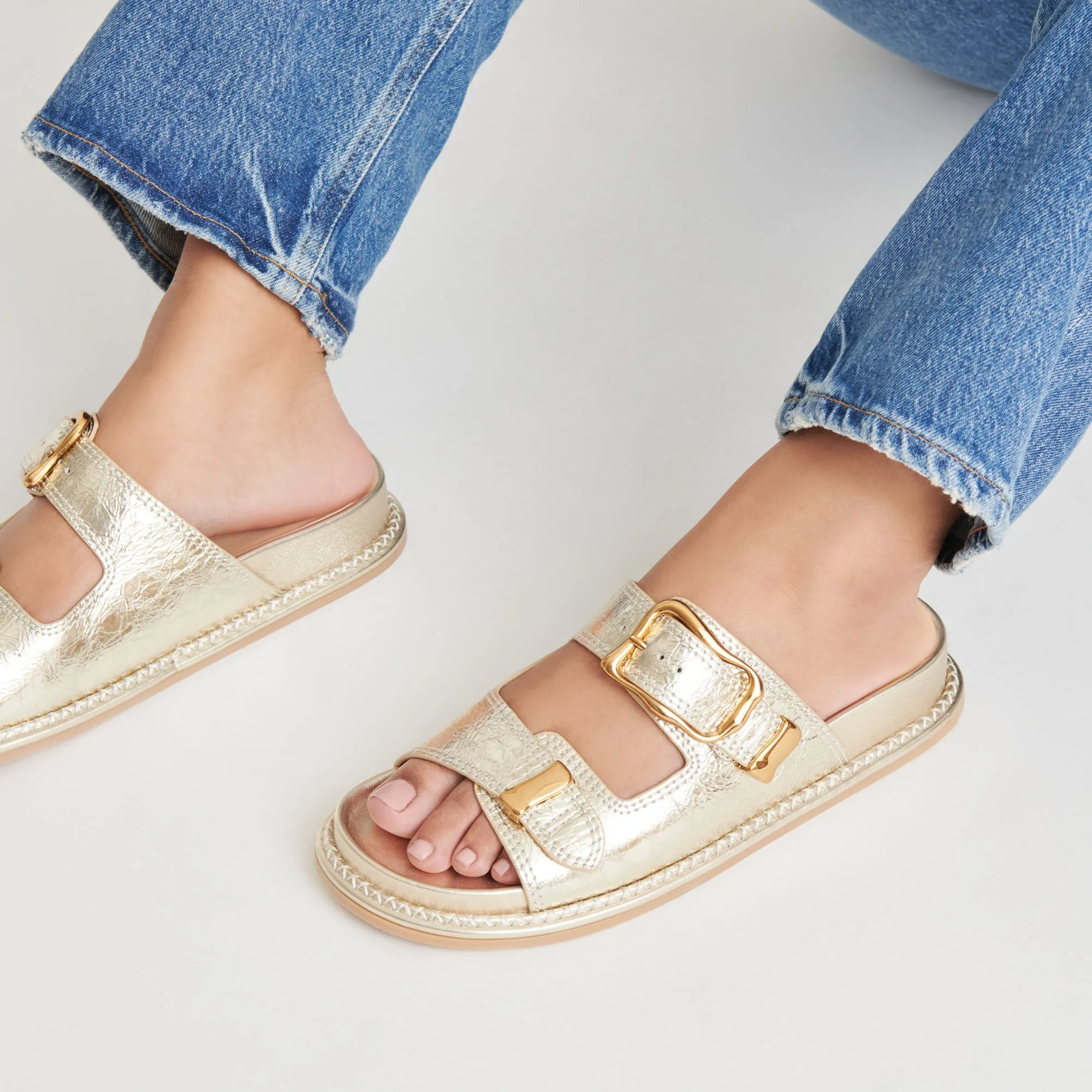 SEVANA SANDALS LIGHT GOLD DISTRESSED LEATHER Stacked Heel