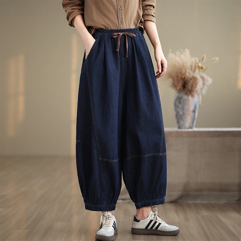 Babakud Women Autumn Retro Elastic Waist Bloomers Jeans Smooth Feel Daily Comfort