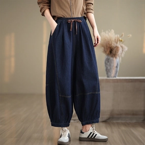 Babakud Women Autumn Retro Elastic Waist Bloomers Jeans Smooth Feel Daily Comfort