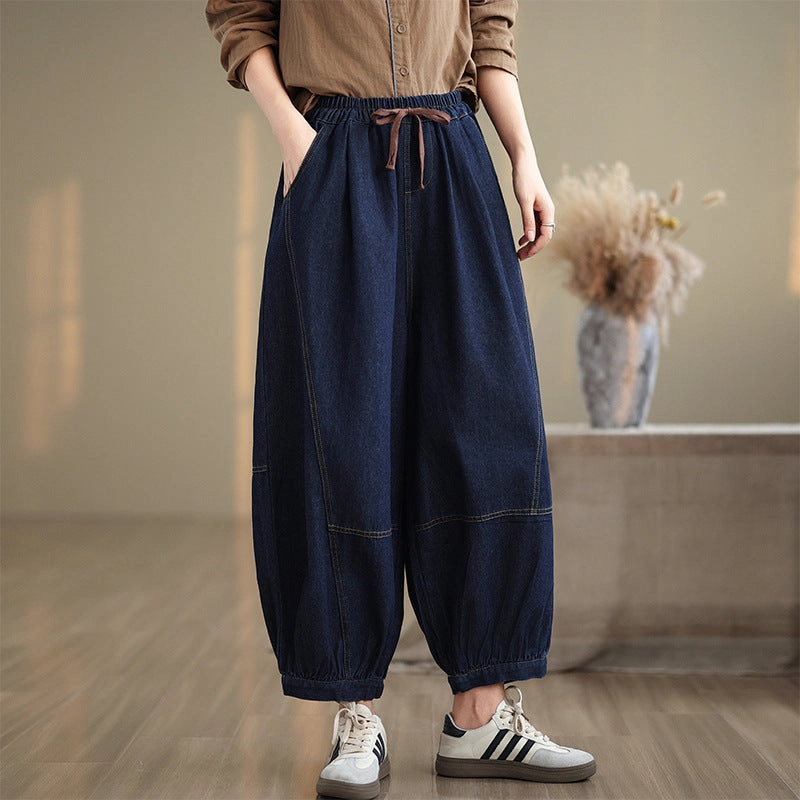 Sweat Absorbing Babakud Women Autumn Retro Elastic Waist Bloomers Jeans