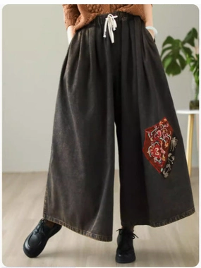 Women Summer Embroidery Denim Pants All-Day Wear Reinforced Edges