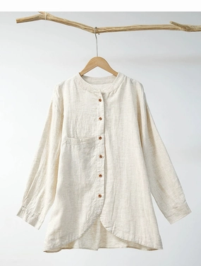Linen Washed Stand Collar Long Sleeves Loose Versatile Coat Simple Detail