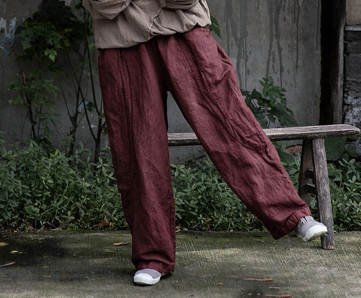 Non-restrictive Reinforced Stitching Red Elastic Waist Straight- Leg Linen Pants for Women