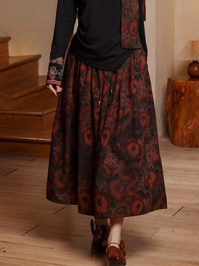 No Wrinkles Babakud Women Linen Printed Elastic Waist A-Line Skirts