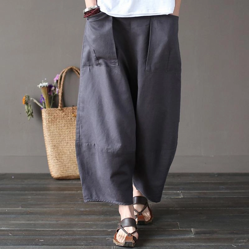 Cotton Linen Elastic Waist Pants With Pockets Natural Fit Comfortable lining