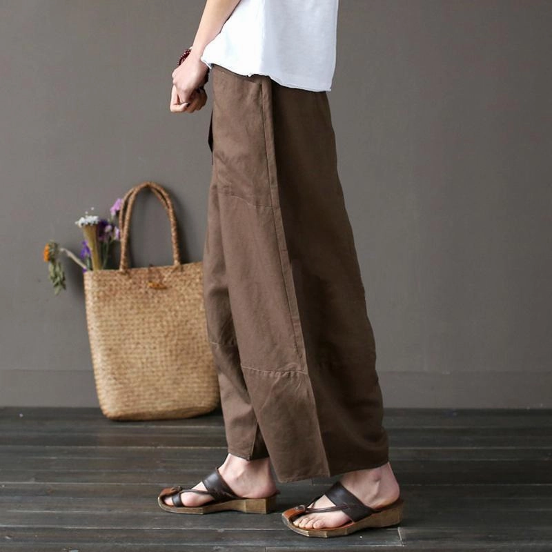Sweat Wicking Reinforced Edges Cotton Linen Elastic Waist Pants With Pockets