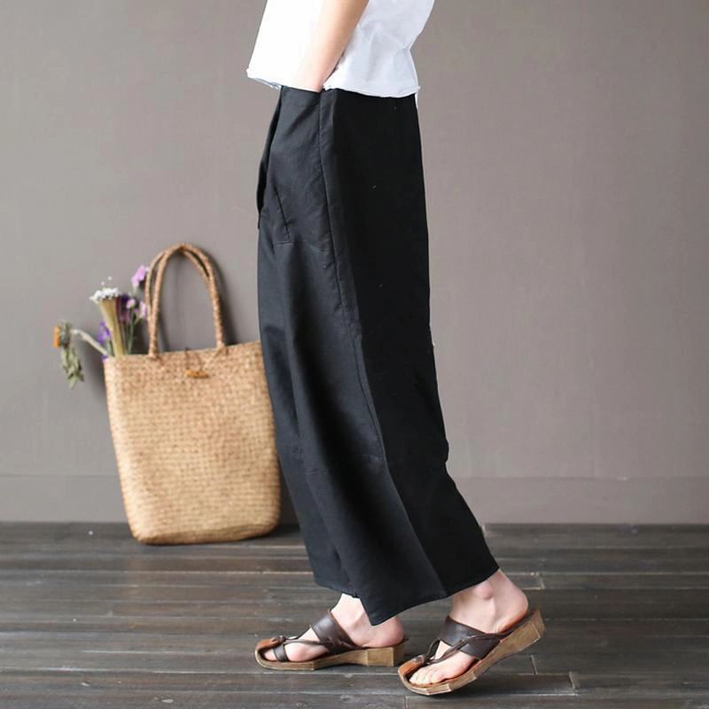 Cotton Linen Elastic Waist Pants With Pockets Breathable mesh