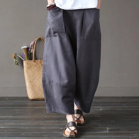 Cotton Linen Elastic Waist Pants With Pockets Natural Fit Comfortable lining