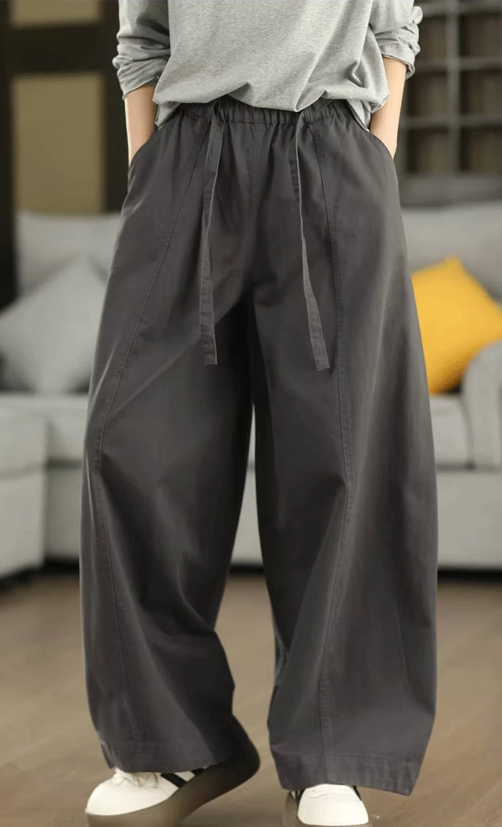 Retro Cotton Casual Solid Color Elastic Waist Wide Leg Pants Pliable Material Moisture control