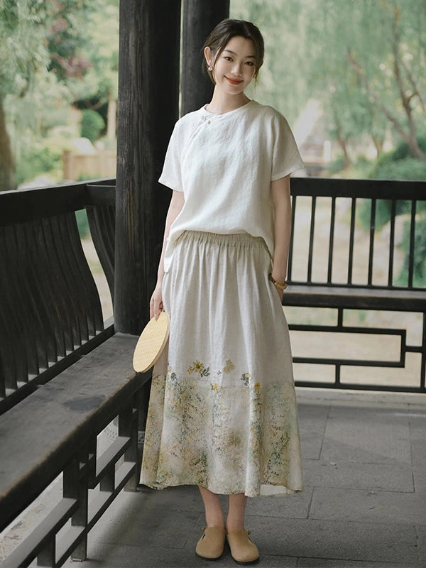 Babakud Retro Elegant Linen Patchwork Elastic Waist Skirts Breathable mesh