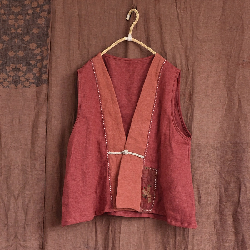 Women Retro Linen Patchwork Sleeveless Linen Vest Sleek Outdoor Look Hypoallergenic Textile