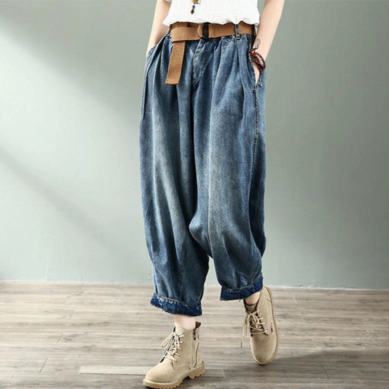 Women Elastic Waist Loose Harem Jeans Solid Make