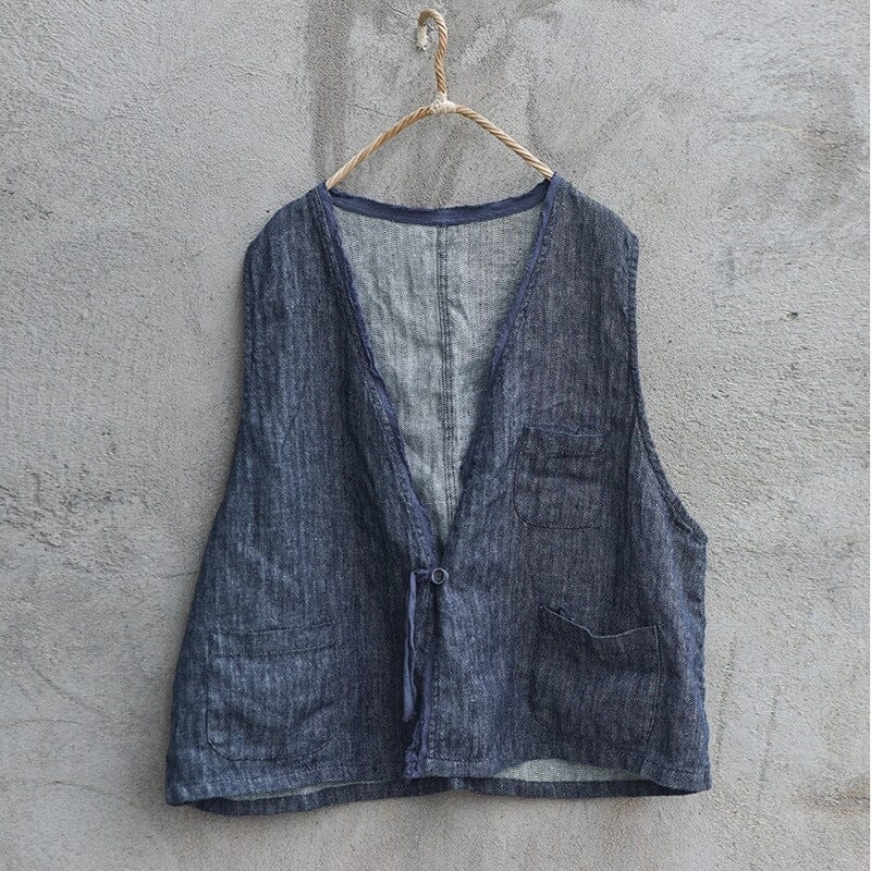 Women Autumn Retro Loose Linen Vest Gloss Free Texture