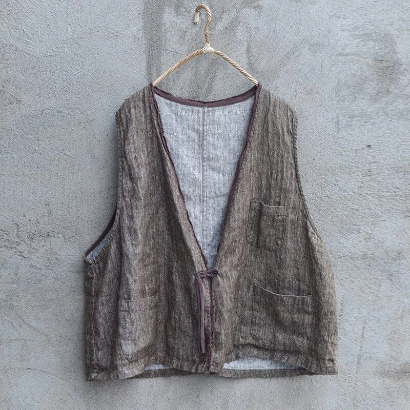 YKK Fasteners Women Autumn Retro Loose Linen Vest