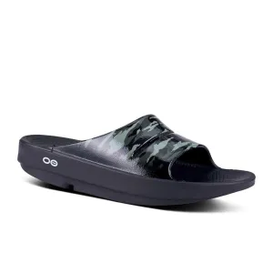 Low Profile Design Canvas Oofos OOahh Limited Slide Sandal (Women) - Black/Green Camo