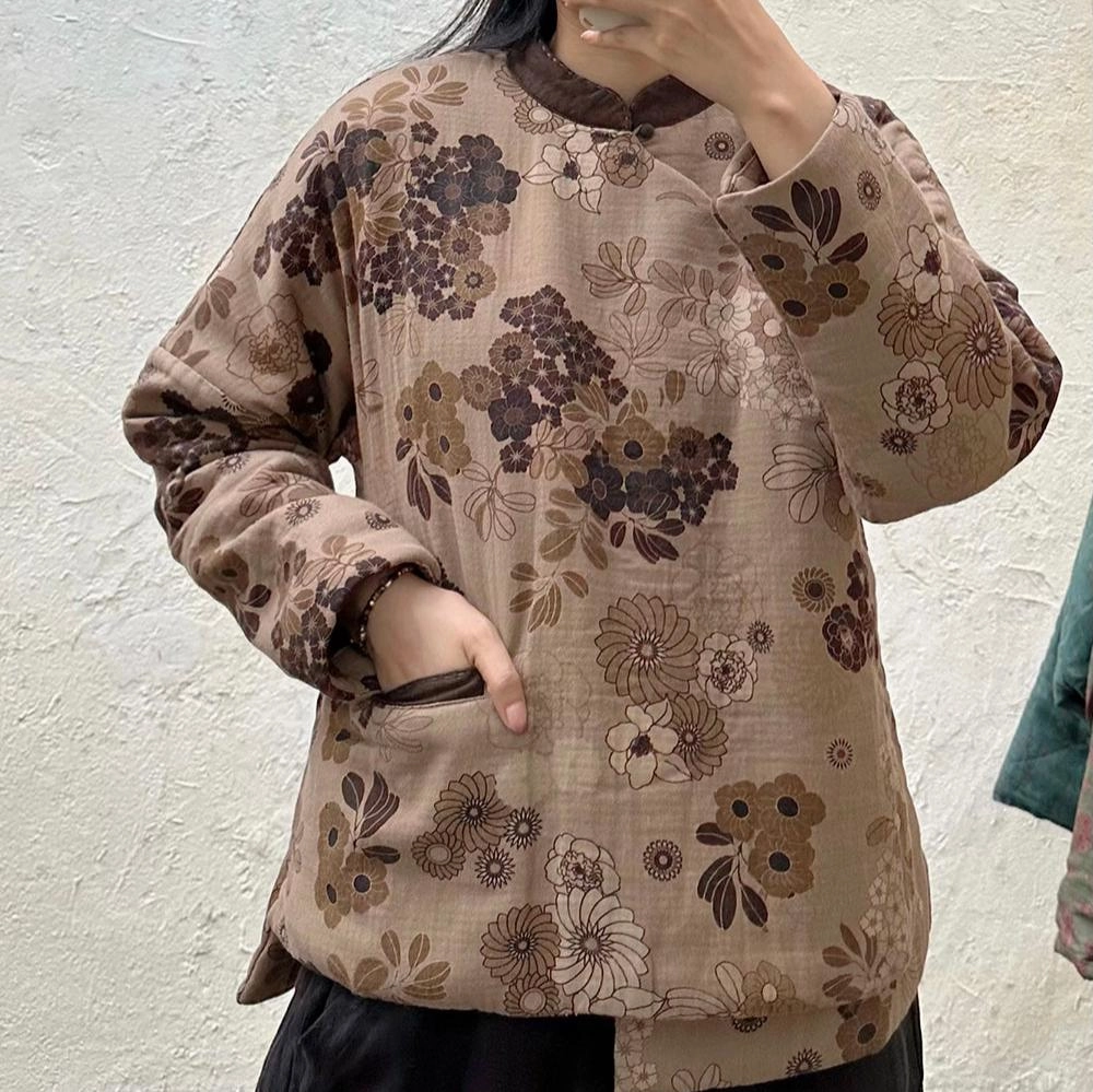 Eco Friendly Textile Babakud Women Winter Retro Printed Floral Cotton Quilted Jacket