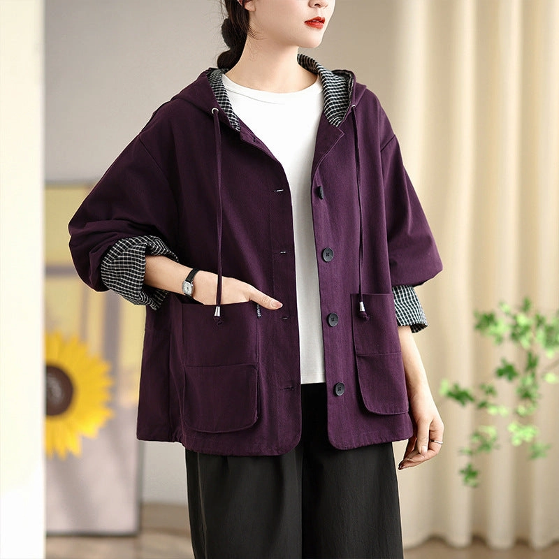 Plaid Patchwork Hooded Windbreaker Long Sleeve Loose Coat Fall Outfit