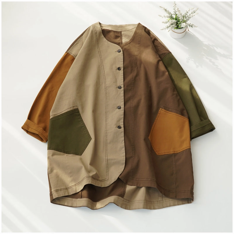 Plus Size Women Retro Color Block Mid-Length Loose Jacket Daily Wear