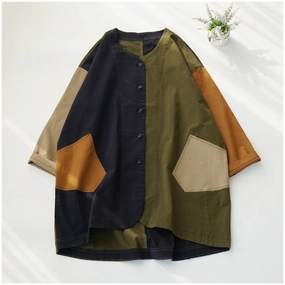 Plus Size Women Retro Color Block Mid-Length Loose Jacket All Day Fit Bonded Edge Finish