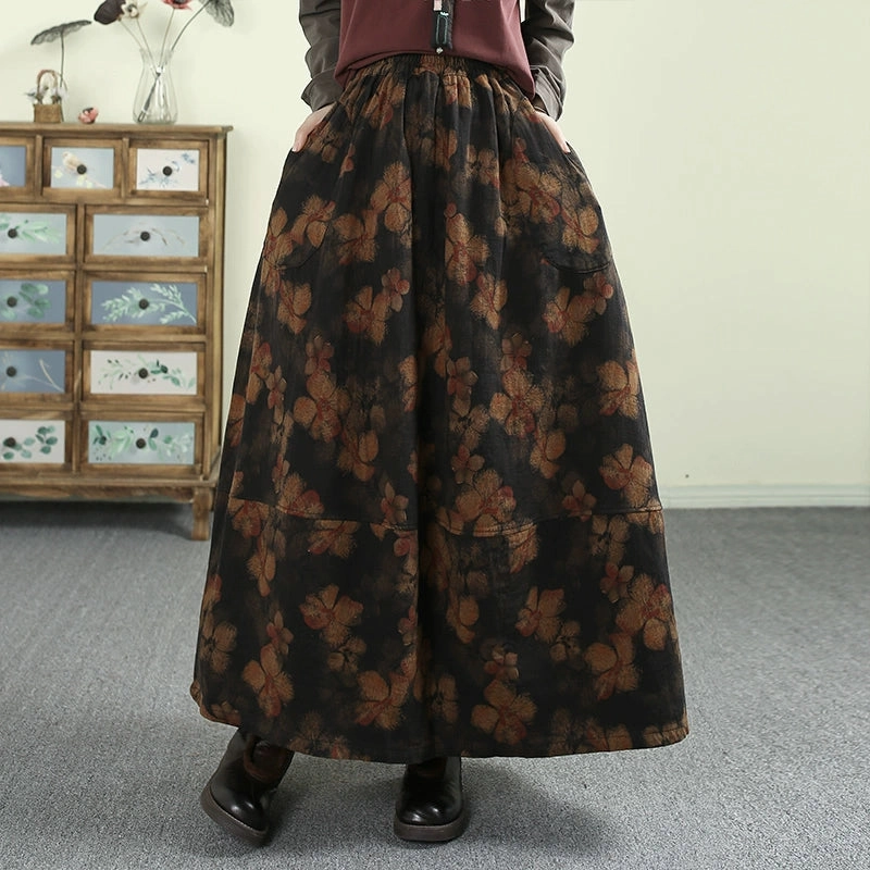 Women Spring Retro Cotton Linen Floral Printed A-Line Skirt Sensitive Skin Flexible Fabric