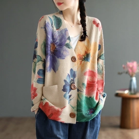 Outdoor Adventure Long Lasting Shape Retention Babakud Women Autumn Retro Floral Cotton Cardigan
