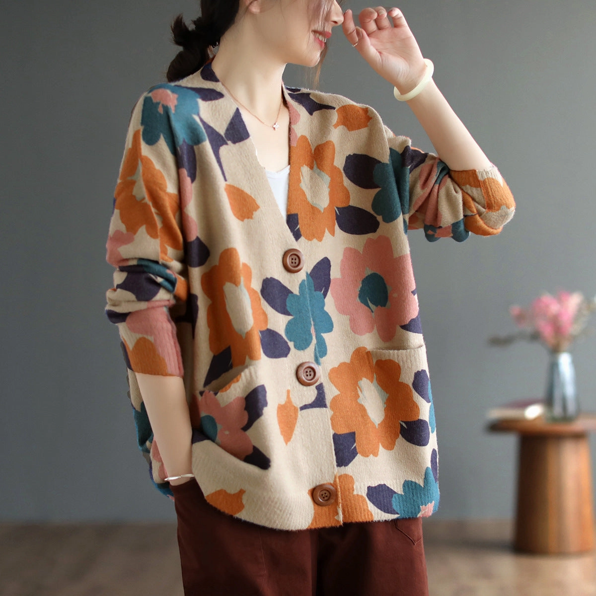 Durable Water Repellent Textured Finish Babakud Women Autumn Retro Floral Cotton Cardigan