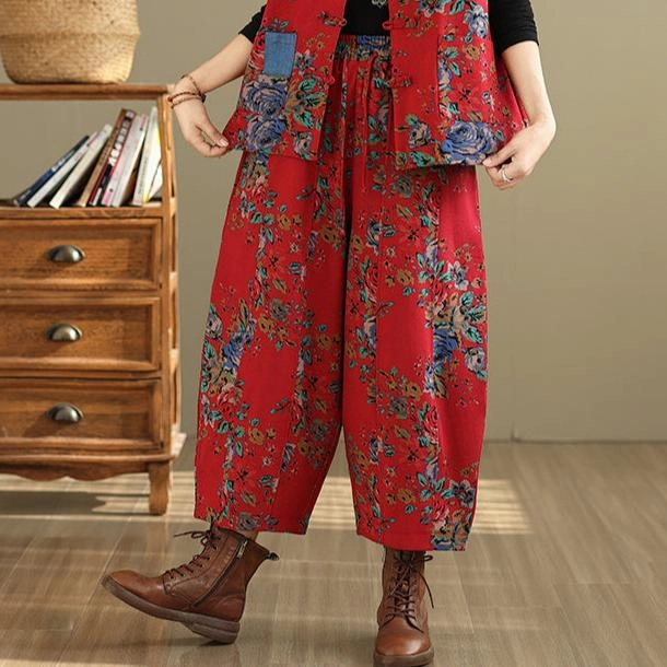 Elastic Fit Women Winter Floral Ethnic Style Fleece-Lined Casual Pants