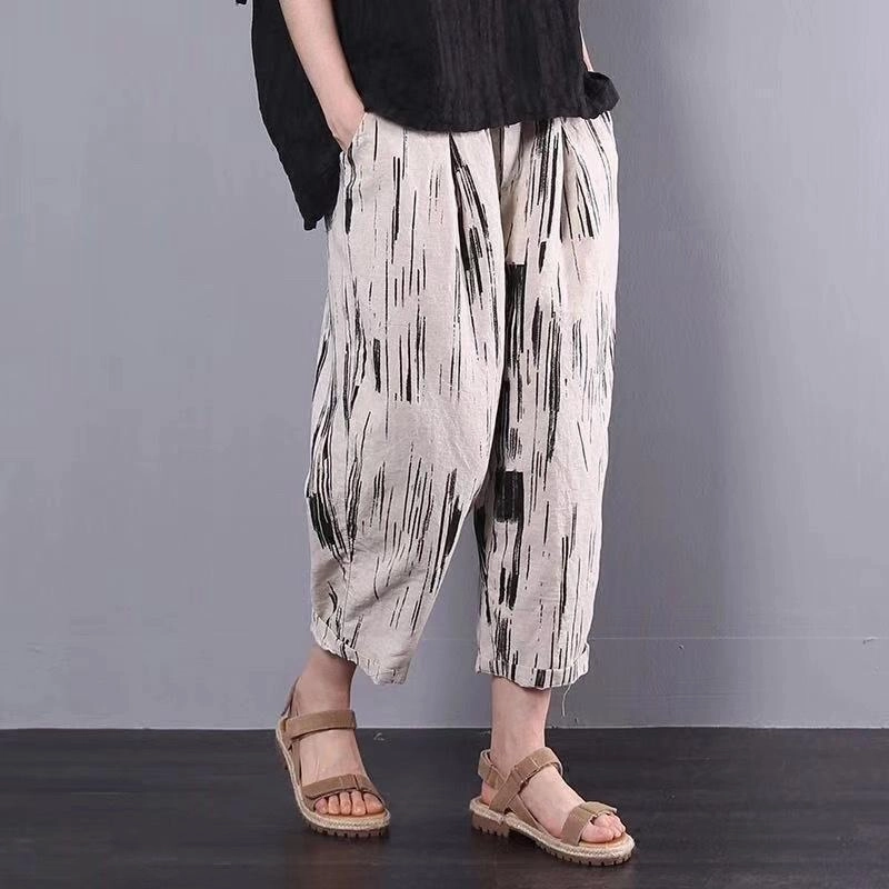 Flexible Material Comfortable fit Casual Cotton Linen Striped Wide Leg Harem Pants
