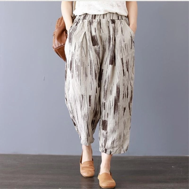 Casual Cotton Linen Striped Wide Leg Harem Pants Shrink Free