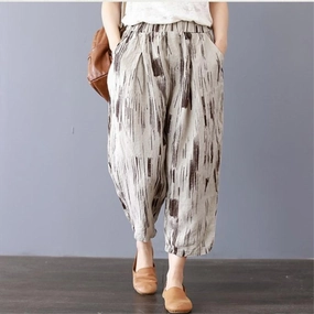 Casual Cotton Linen Striped Wide Leg Harem Pants Shrink Free