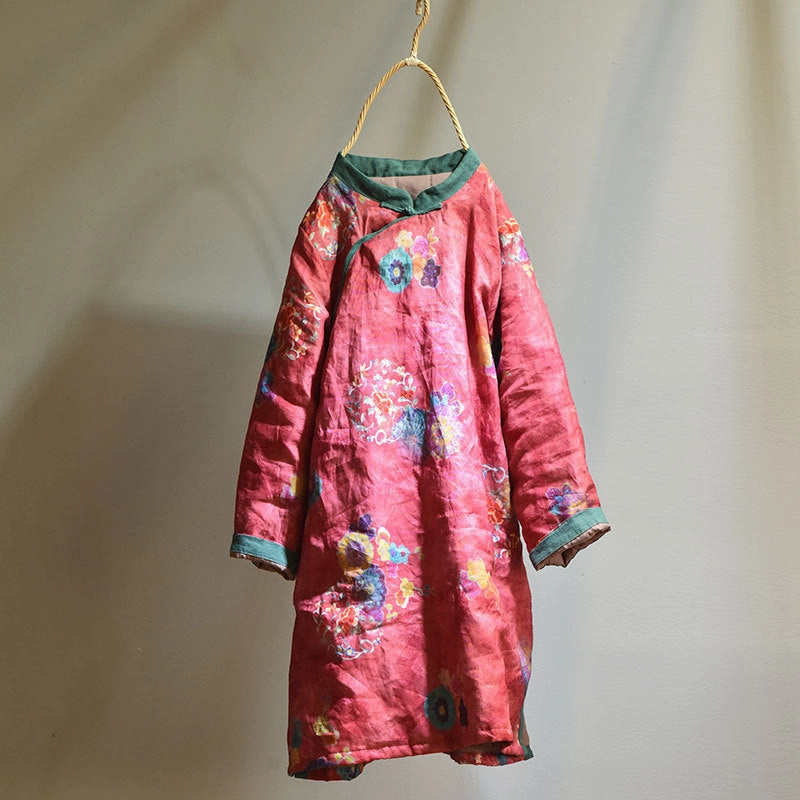 Women Asymmetric Printed Mid- Length Ramie Cotton Coats DoubleStitchSeams