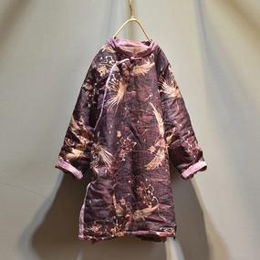 Quick Access Pockets EcoFriendly Water Repellency Women Asymmetric Printed Mid- Length Ramie Cotton Coats