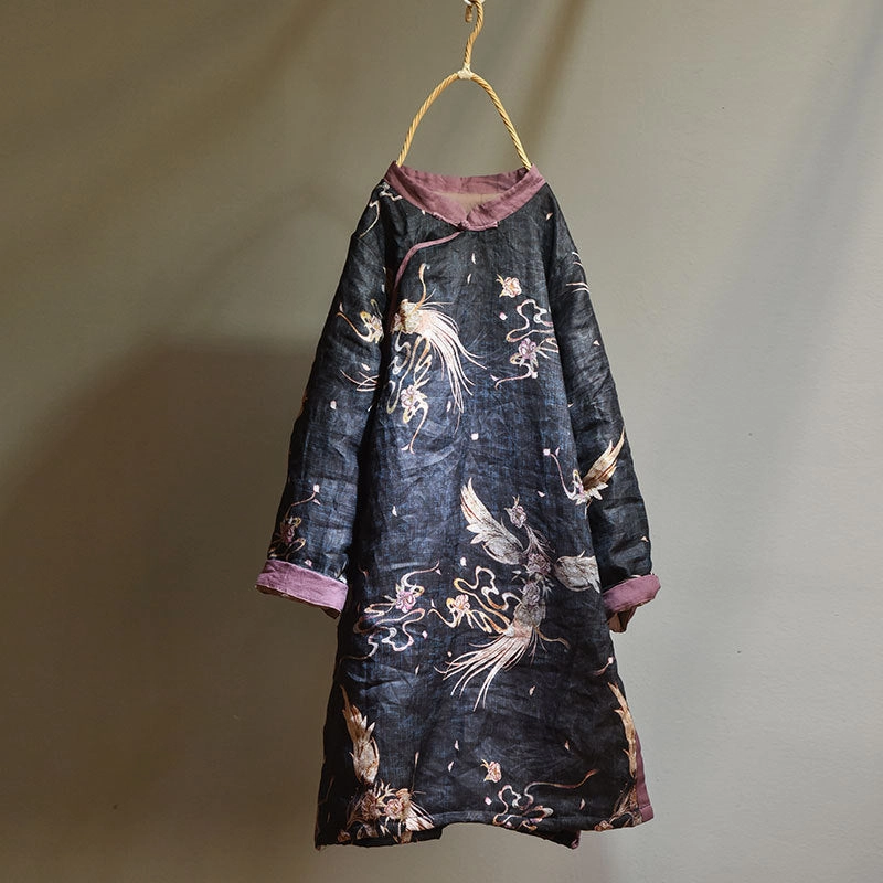 Women Asymmetric Printed Mid- Length Ramie Cotton Coats Kangaroo Pocket Flexible Comfort