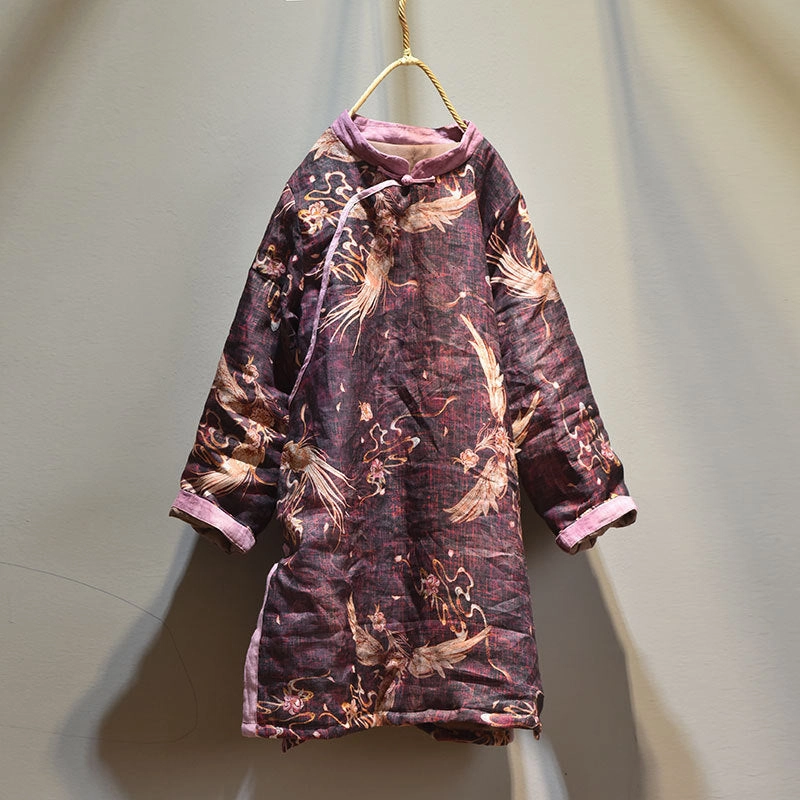 Quick Access Pockets EcoFriendly Water Repellency Women Asymmetric Printed Mid- Length Ramie Cotton Coats