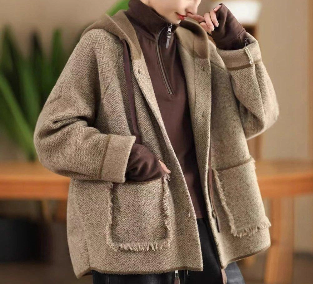 Windproof Technology Women Vintage Loose Warm Frayed Hooded Woolen Coat