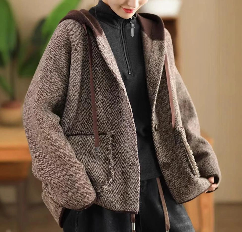 Cold Climate Women Vintage Loose Warm Frayed Hooded Woolen Coat