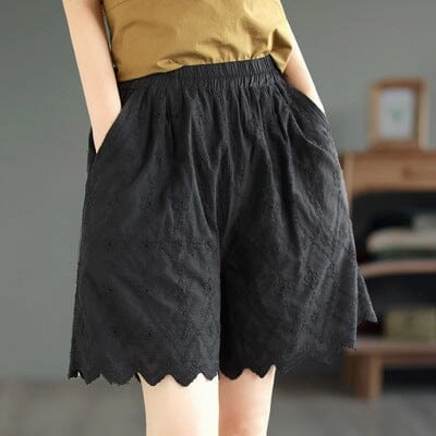 Strengthened Seams Vibrant color Summer Retro Embroidery Trim Solid Cotto Shorts