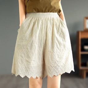 Ultralight No Pinching Summer Retro Embroidery Trim Solid Cotto Shorts