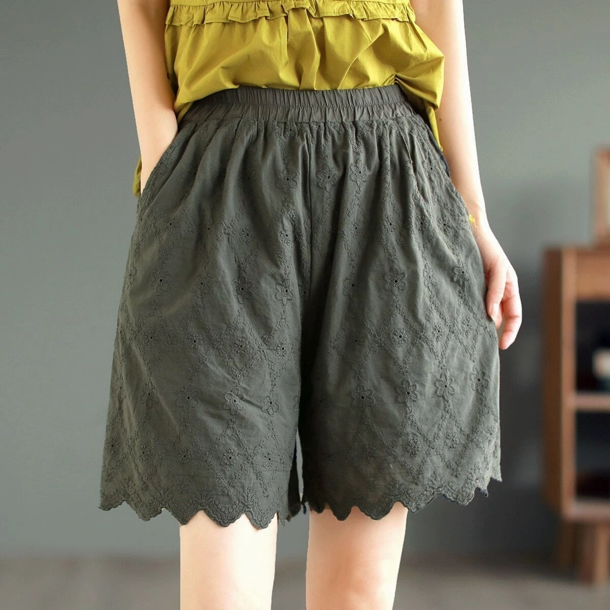 Summer Retro Embroidery Trim Solid Cotto Shorts Fast Drying