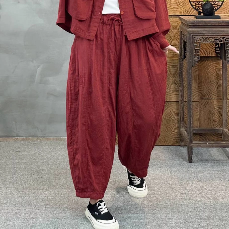 Women Autumn Cotton Loose Fit Wide Leg Layered Trousers Ultralight