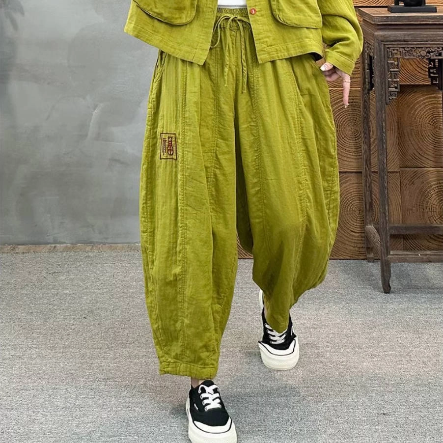 Women Autumn Cotton Loose Fit Wide Leg Layered Trousers All-day Comfort