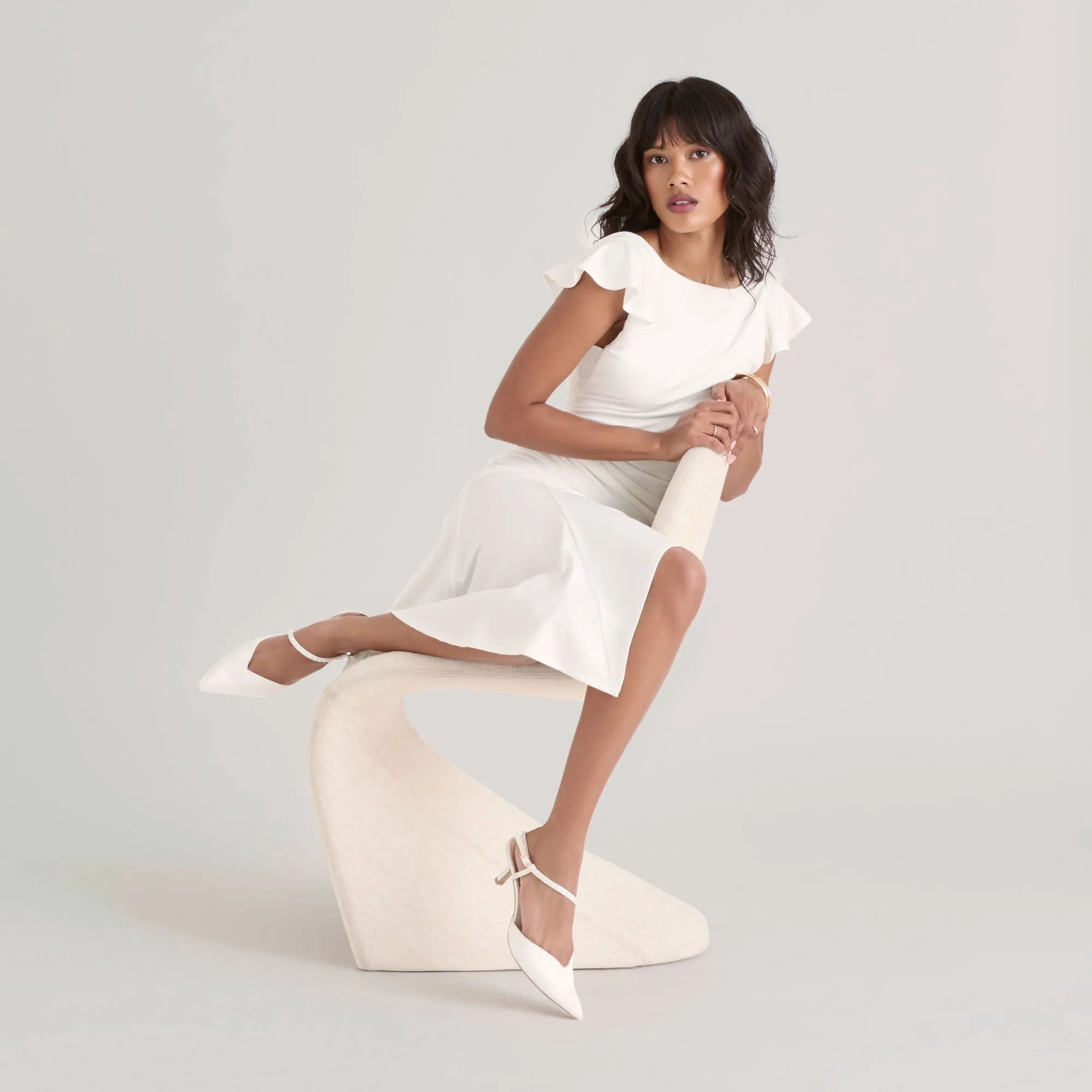 Auxetic Material Construction KAMRA PEARL MID HEELS TRUE WHITE SATIN