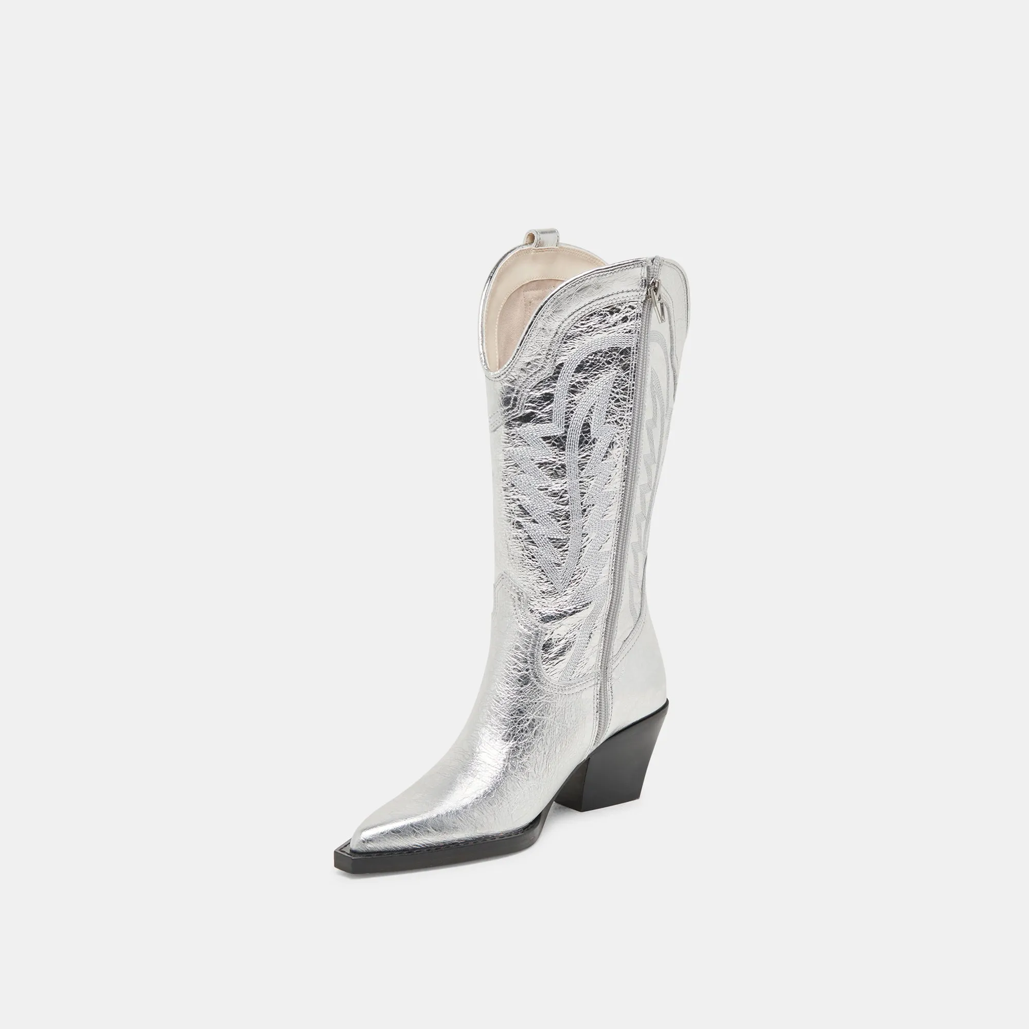 RYLAND WIDE CALF BOOTS SILVER DISTRESSED LEATHER Adjustable Tongue