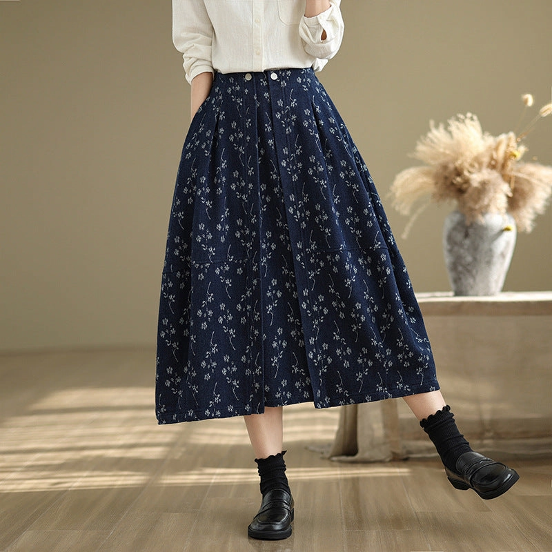 Silky texture Babakud Women Spring Vintage Loose-Fit Denim Skirt with Flower-Bud Design