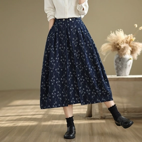 Babakud Women Spring Vintage Loose-Fit Denim Skirt with Flower-Bud Design Smooth Lining Catch Resistant