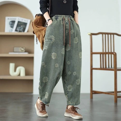 Thermal Balance Vibrant color Women Spring Retro Denim Printed Rose Casual Harem Pants