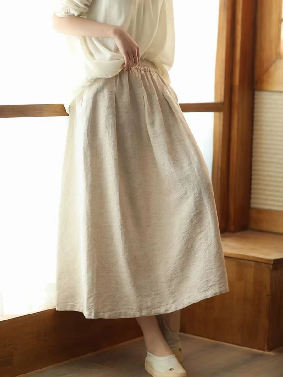 Tender Waist Non-Irritating Fabric Ladies Elegant Retro Jacquard Cotton Ramie A-Line Skirt