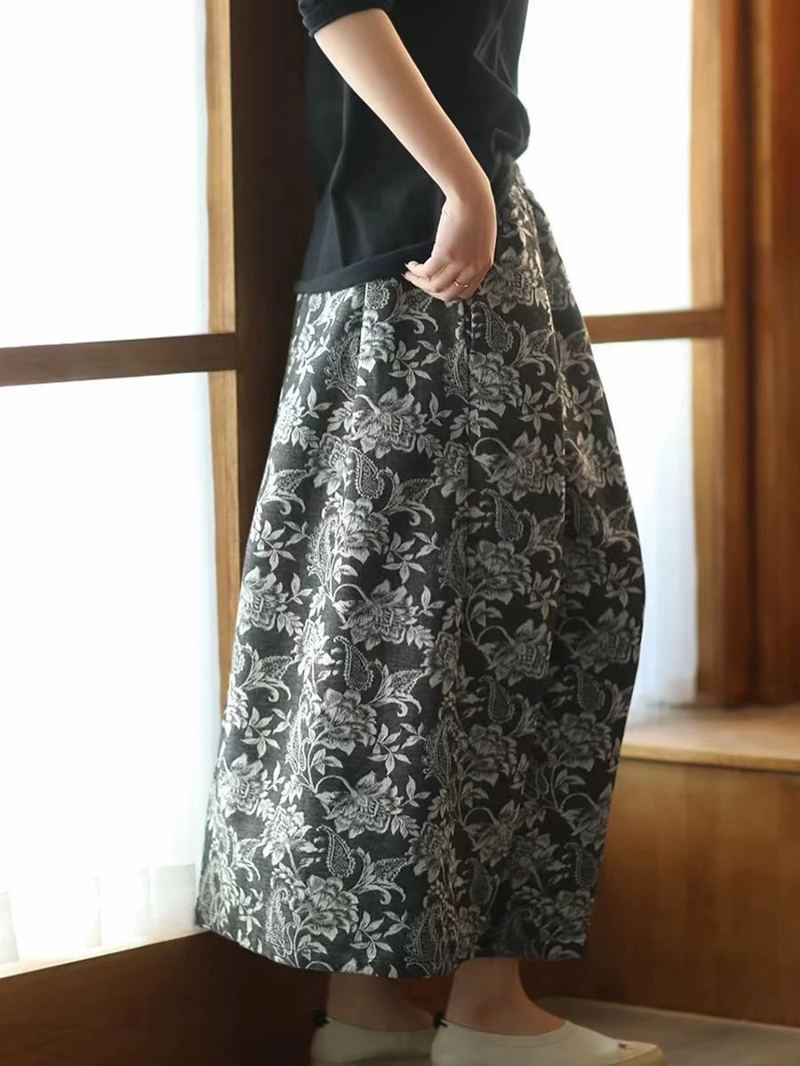 Ladies Elegant Retro Jacquard Cotton Ramie A-Line Skirt Unrestricted Fit Comfortable Inside