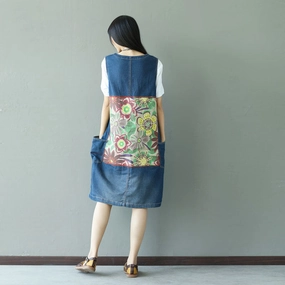 Summer Casual Floral Printed Patchwork Denim Skirt Durable Material